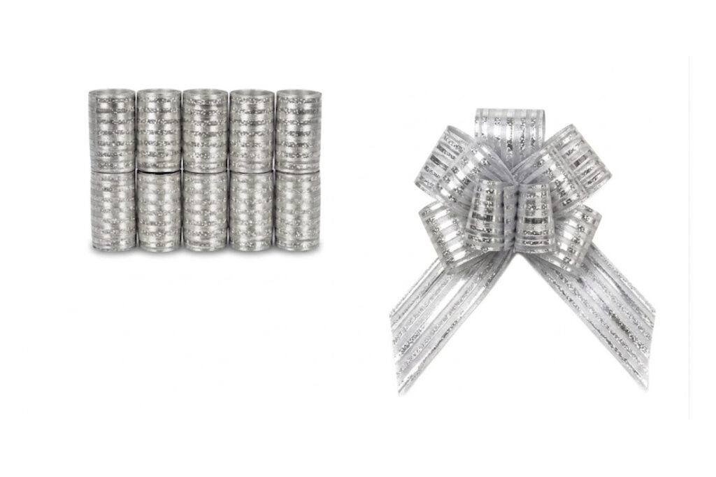 PARTY RIBBON PULL BOW 32MM X100MM 10 PC IN BOX SILVER