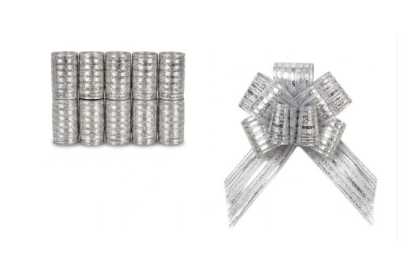 PARTY RIBBON PULL BOW 32MM X100MM 10 PC IN BOX SILVER