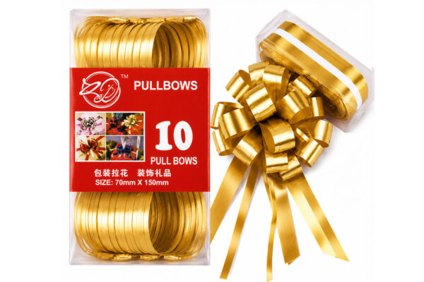 PARTY RIBBON PULL BOW 70MM X150MM 10 PC IN BOX GOLD